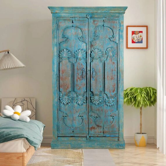 Farmer Style Distressed Blue Doors Repurposed Tall Bedroom Armoire