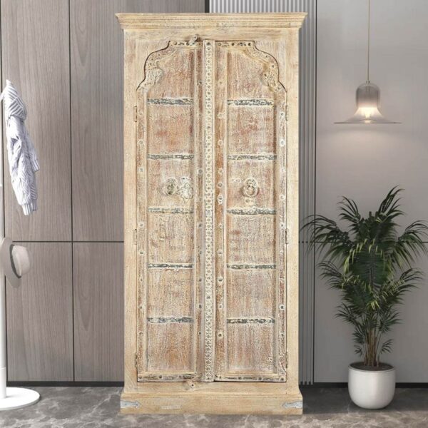 Antennae Teak Wood Door Upcycled 81 in Tall Armoire in Distressed White Finish