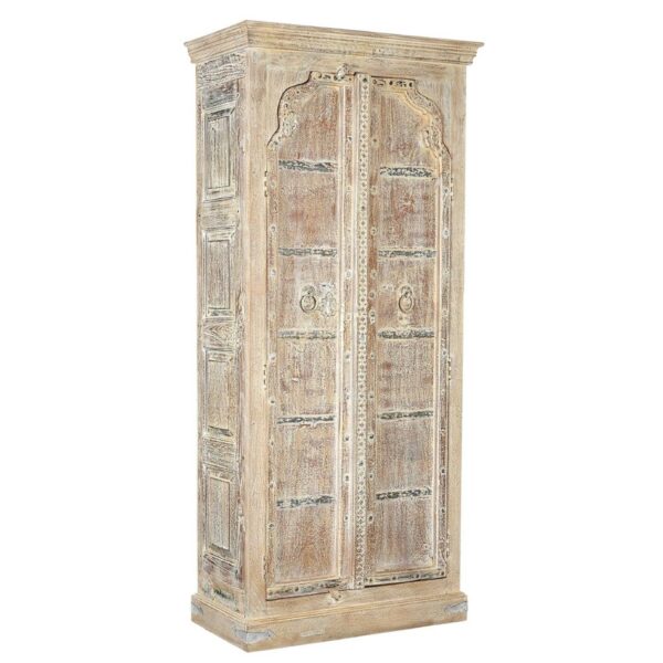 Antennae Teak Wood Door Upcycled 81 in Tall Armoire in Distressed White Finish