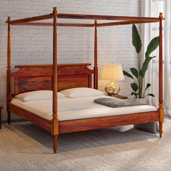 Nillu Solid Wood Poster Bed In Honey Oak Finish By Arati