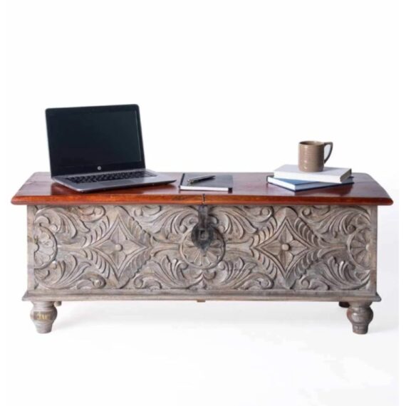 Shopee Wooden Carved Trunk Centre Table (Grey Distress)