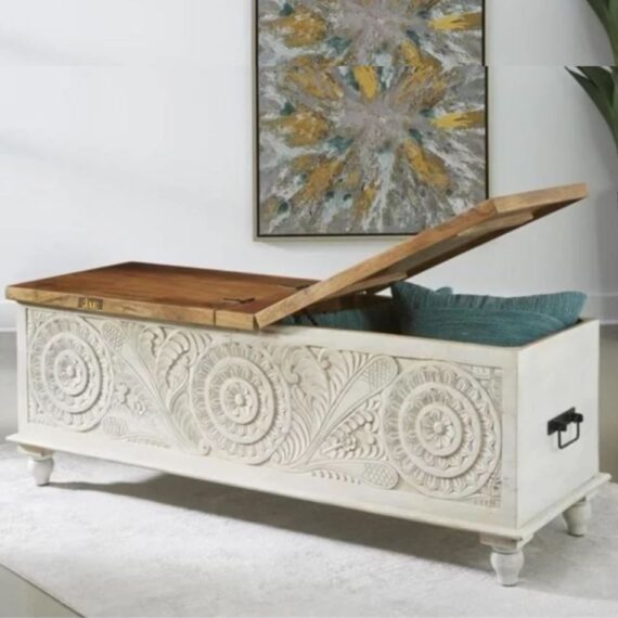 Vipro Wooden Trunk cum Coffee Table (White Wash)l